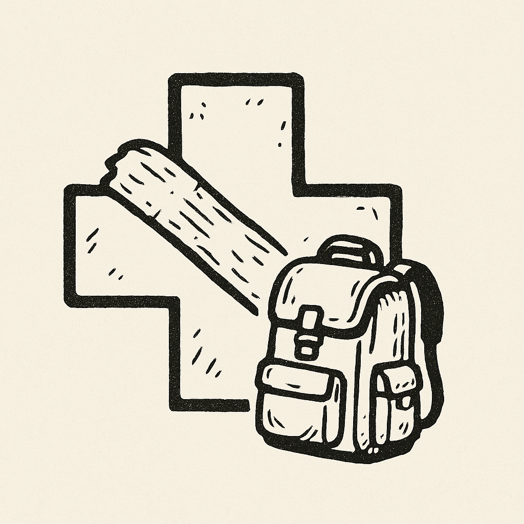 Logo of a first aid cross with a bandage across it and a small backpack next to it.